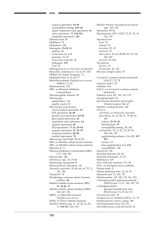 surgical specimens 92–93
susceptibility testing 110–111
upper respiratory tract specimens 64
urine specimens 33, 145–146
urogenital specimens 149
Medusa head 96
Mellibiosa 53
Menadione 100
Meningitis 25–28, 86
anthrax 96
Escherichia coli 138
neonates 21, 25
Pasteurella multocida 96
pathogens 138
viral 76
Meningococcus, see Neisseria meningitidis
Metacillin, resistance to 17, 62, 97, 108
Methyl red/Voges Prosgauer 11
Methylene blue 8, 41, 64, 77
Meticillin-resistant Staphylococcus aureus
(MRSA) 17, 62
Metronidazole 102
MIC, see Minimal inhibitory
concentration
Microaerophilic bacteria 98
Microscopes
maintenance 123
quality control 8
Microscopic examination
cervicovaginal specimens 81
CSF specimens 26–28
genital ulcer specimens 83–85
pharyngeal specimens 62
respiratory tract infections 62
sputum specimens 69
STD specimens 78, 81, 83–85
surgical specimens 86, 91–92
Treponema pallidum 83–85
urethral specimens 78
Microscopy, dark ﬁeld 50, 82, 83
MIL, see Motility–indole–lysine medium
MIU, see Motility-indole-urease medium
Mineral oil 15
Minimal inhibitory concentration (MIC)
5, 71, 104–105
Minocycline 108
Mobiluncus spp. 76, 79–80
Monitoring, equipment 8
Mononucleosis, infectious 126
Moraxella catarrhalis 10, 60, 66, 69, 70, 71,
147, 148
Morganella 51
Morphology, common enteric bacteria
colonies 48
Motility–indole–lysine medium (MIL)
44, 45–46, 47
Motility–indole–urease medium (MIU)
146–147, 150
MRSA, see Meticillin-resistant
Staphylococcus aureus
MTM, see Thayer–Martin medium
Mueller–Hinton agar 11, 14, 20, 24, 54,
71, 110–111, 120, 150
162
INDEX
Mueller–Hinton chocolate horse blood
agar 149, 150
Mycetoma 90–92
Mycobacteria, HIV/AIDS 37, 87, 92, 93,
126, 150
Mycobacterium
bovis 74
chelonei 92
fortuitum 92, 93
marinum 92
tuberculosis 25, 66, 72–75, 87, 92, 145,
148, 150
ulcerans 92, 150
Mycoplasma
hominis 76
pneumoniae 66, 122
Mycoses, lymph nodes 87
N-acetyl-L-cysteine-sodium hydroxide
(NALC) 72, 73
Naegleria fowleri 26
Nafcillin 108
NALC, see N-acetyl-L-cysteine-sodium
hydroxide
Nalidixic acid 107, 110, 116, 152
Nasopharyngitis 60
Necrotizing ulcerative pharyngitis
(Vincent angina) 61, 62
Needles, serological tests 124
Neisseria
catarrhalis, see Moraxella catarrhalis
gonorrhoeae 10, 12, 76, 77, 79–80, 81,
149
culture 78–79, 82
identiﬁcation 79
susceptibility testing 79, 106
meningitidis 10, 12, 21, 25, 28, 29,
144–145, 147
agglutinating antisera 144–145, 147,
153
carriers 62
latex agglutination test 138
susceptibility 106
Neomycin 100
Neonatal infection 80, 82
Neonatal meningitis 21, 25
Netilmycin 109
New York City medium 78, 149
NGU, see Nongonococcal urethritis
Nitrate broth 11
Nitrate reduction tests 32, 64, 96
Nitroceﬁn test 79, 149, 151
Nitrofurantoin 107, 109, 110, 116, 152
o-Nitrophenyl-b-D-galactopyranoside
(ONPG) test 13, 51, 146, 147, 151
p-Nitrophenyl-b-D-
glucopyranosiduronic acid
(PGUA) test 13, 35–36, 151
Nocardia asteroides 93
Nongonococcal urethritis (NGU) 77, 78
Nonproprietary names, drugs 108
Non-trepanomal tests 126–131
Non-tuberculous acid-fast bacilli 92
BLMINDEX 1/17/04 2:39 PM Page 162
 
