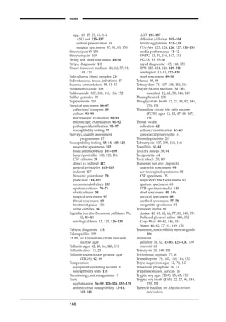 spp. 10, 15, 23, 61, 144
ASO test 135–137
culture preservation 16
surgical specimens 87, 91, 93, 150
Streptolysin O 135
Streptomycin 109
String test, stool specimens 49–50
Strips, diagnostic 151
Stuart transport medium 40, 62, 77, 81,
149, 151
Subcultures, blood samples 23
Subcutaneous tissue, infections 87
Sucrose fermentation 48, 51–53
Sulfamethoxazole 109
Sulfonamide 107, 108, 110, 116, 152
Sulfur granules 89
Supplements 151
Surgical specimens 86–87
collection/transport 89
culture 92–93
macroscopic evaluation 90–91
microscopic examination 91–92
pathogen identiﬁcation 93–97
susceptibility testing 97
Surveys, quality assessment
programmes 17
Susceptibility testing 13–14, 103–121
anaerobic specimens 102
basic antimicrobials 107–109
benzylpenicillin 108, 110, 116
CSF cultures 29
direct vs indirect 117
general principles 103–105
indirect 117
Neisseria gonorrhoeae 79
plate size 118–119
recommended discs 152
sputum cultures 70–71
stool cultures 54
surgical specimens 97
throat specimens 65
treatment guide 106
urine cultures 36
Syphilis (see also Trepanoma pallidum) 76,
82, 83–85
serological tests 13, 125, 126–133
Tablets, diagnostic 151
Talampicillin 109
TCBS, see Thiosulfate citrate bile salts
sucrose agar
Tellurite agar 42, 48, 64, 148, 151
Tellurite discs 13, 23
Tellurite taurocholate gelatine agar
(TTGA) 42, 48
Temperature
equipment operating records 9
susceptibility tests 118
Terminology, microorganisms 5
Tests
agglutination 56–59, 125–126, 135–139
antimicrobial susceptibility 13–14,
103–121
166
INDEX
ASO 135–137
diffusion/dilution 103–104
febrile agglutinins 133–135
FTA-Abs 123, 124, 126, 127, 131–135
media performance 11–12
ONPG 13, 51, 146, 147, 151
PGUA 13, 35–36
rapid diagnostic 145, 148, 151
RPR 123–124, 126, 129–131
serological 12–13, 122–139
stool specimens 49–50
Tetanus 88, 98
Tetracycline 71, 107, 108, 110, 116
Thayer–Martin medium (MTM),
modiﬁed 12, 61, 78, 148, 149
Thiamphenicol 108
Thioglycollate broth 12, 23, 38, 92, 144,
150, 151
Thiosulfate citrate bile salts sucrose
(TCBS) agar 12, 42, 47–48, 147,
151
Throat swabs
collection 62
culture/identiﬁcation 63–65
gonococcal pharyngitis 61
Thrombophlebitis 20
Tobramycin 107, 109, 110, 116
Tonsillitis 60, 61
Toxicity assays 38, 64
Toxigenicity 64
Toxic shock 20, 80
Transport (see also Dispatch)
anaerobic specimens 99
cervicovaginal specimens 81
CSF specimens 25
respiratory tract specimens 62
sputum specimens 68
STD specimen media 149
stool specimens 40, 146
surgical specimens 89
urethral specimens 77–78
urogenital specimens 81
Transport media 81
Amies 40, 41, 62, 66, 77, 81, 149, 151
Buffered glycerol saline 146, 152
Cary–Blair 40–41, 146, 151
Stuart 40, 62, 77, 81, 149, 151
Treatment, susceptibility tests as guide
106
Treponema
pallidum 76, 82, 83–85, 125–126, 149
vincentii 61
Tributyrin 70, 148–151
Trichomonas vaginalis 77, 81
Trimethoprim 78, 107, 110, 116, 152
Triple sugar iron agar 12, 70, 147
Trisodium phosphate 26, 73
Trypanosomiasis, African 26
Tryptic soy agar (TSA) 15, 63, 150
Tryptic soy broth (TSB) 22, 27, 96, 144,
150, 151
Tubercle bacillus, see Mycobacterium
tuberculosis
BLMINDEX 1/17/04 2:39 PM Page 166
 