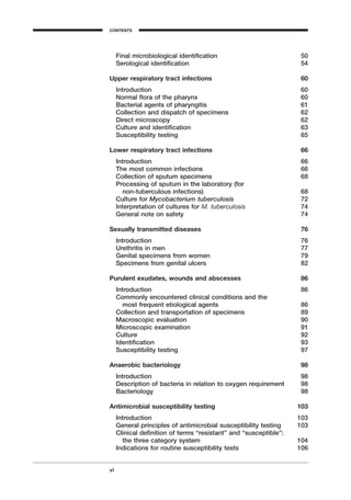 Final microbiological identiﬁcation 50
Serological identiﬁcation 54
Upper respiratory tract infections 60
Introduction 60
Normal ﬂora of the pharynx 60
Bacterial agents of pharyngitis 61
Collection and dispatch of specimens 62
Direct microscopy 62
Culture and identiﬁcation 63
Susceptibility testing 65
Lower respiratory tract infections 66
Introduction 66
The most common infections 66
Collection of sputum specimens 68
Processing of sputum in the laboratory (for
non-tuberculous infections) 68
Culture for Mycobacterium tuberculosis 72
Interpretation of cultures for M. tuberculosis 74
General note on safety 74
Sexually transmitted diseases 76
Introduction 76
Urethritis in men 77
Genital specimens from women 79
Specimens from genital ulcers 82
Purulent exudates, wounds and abscesses 86
Introduction 86
Commonly encountered clinical conditions and the
most frequent etiological agents 86
Collection and transportation of specimens 89
Macroscopic evaluation 90
Microscopic examination 91
Culture 92
Identiﬁcation 93
Susceptibility testing 97
Anaerobic bacteriology 98
Introduction 98
Description of bacteria in relation to oxygen requirement 98
Bacteriology 98
Antimicrobial susceptibility testing 103
Introduction 103
General principles of antimicrobial susceptibility testing 103
Clinical deﬁnition of terms “resistant” and “susceptible”:
the three category system 104
Indications for routine susceptibility tests 106
vi
CONTENTS
 