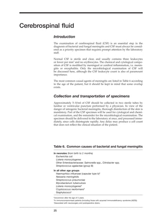 Cerebrospinal ﬂuid
Introduction
The examination of cerebrospinal ﬂuid (CSF) is an essential step in the
diagnosis of bacterial and fungal meningitis and CSF must always be consid-
ered as a priority specimen that requires prompt attention by the laboratory
staff.
Normal CSF is sterile and clear, and usually contains three leukocytes
or fewer per mm3
and no erythrocytes. The chemical and cytological compo-
sition of CSF is modiﬁed by meningeal or cerebral inﬂammation, i.e. menin-
gitis or encephalitis. Only the microbiological examination of CSF will
be discussed here, although the CSF leukocyte count is also of paramount
importance.
The most common causal agents of meningitis are listed in Table 6 according
to the age of the patient, but it should be kept in mind that some overlap
exists.
Collection and transportation of specimens
Approximately 5–10ml of CSF should be collected in two sterile tubes by
lumbar or ventricular puncture performed by a physician. In view of the
danger of iatrogenic bacterial meningitis, thorough disinfection of the skin is
mandatory. Part of the CSF specimen will be used for cytological and chemi-
cal examination, and the remainder for the microbiological examination. The
specimen should be delivered to the laboratory at once, and processed imme-
diately, since cells disintegrate rapidly. Any delay may produce a cell count
that does not reﬂect the clinical situation of the patient.
25
A
Table 6. Common causes of bacterial and fungal meningitis
In neonates (from birth to 2 months)
Escherichia coli
Listeria monocytogenes
Other Enterobacteriaceae: Salmonella spp., Citrobacter spp.
Streptococcus agalactiae (group B)
In all other age groups
Haemophilus inﬂuenzae (capsular type b)a
Neisseria meningitidis
Streptococcus pneumoniae
Mycobacterium tuberculosis
Listeria monocytogenesb
Cryptococcus neoformansb
Staphylococcic
a
Uncommon after the age of 5 years.
b
In immunocompromised patients (including those with acquired immunodeﬁciency syndrome (AIDS)).
c
Associated with neurosurgery and postoperative drains.
BLM1 1/17/04 2:01 PM Page 25
 