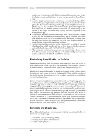 oxides and hydrogen peroxide. Disadvantages of this system are a longer
incubation period and inhibition of some oxygen-sensitive Campylobacter
spp.
• Another simple and inexpensive system uses a co-culture technique. Plates
with rapidly growing facultative anaerobic bacteria are incubated with the
plates for the isolation of Campylobacter spp. in an airtight container or a
plastic bag. As the facultative anaerobic bacteria grow, the oxygen con-
tent is lowered and the CO2 content is increased. The disadvantage of this
system is the longer incubation time usually required for growth of the
Campylobacter spp.
• A hydrogen and CO2-generator envelope with a self-contained catalyst
speciﬁcally for the isolation of Campylobacter spp. is commercially avail-
able. The envelope is placed in an anaerobic jar, and a new envelope must
be used each time the jar is opened. No more than six plates should be
stacked in the jar to obtain maximum isolation.
• A plastic bag incubation system is also commercially available. It consists
of a plastic bag, which is collapsed two or three times by hand or vacuum,
and reﬁlled each time, with 5% O2, 10% CO2 and 85% N2.
• The evacuation–replacement system uses an anaerobic jar without a cata-
lyst. The container is evacuated twice to 38cm (15mmHg) pressure and
reﬁlled each time with 10% H2 and 90% N2 mixture.
Preliminary identiﬁcation of isolates
Identiﬁcation involves both biochemical and serological tests, the extent of
which will depend on the capacity of the laboratory. Flow charts for guidance
in identiﬁcation of important enteric bacteria are presented in Figs 7a–c.
Identify well-separated colonies of typical appearance on the primary plates
by making a mark on the bottom of the Petri dish. These will be transferred
for further testing. If more than one type of colony is present, process at least
one colony of each type.
Lactose-nonfermenting bacteria, such as Salmonella and Shigella spp., give rise
to small colourless colonies on MacConkey agar, SS agar, and DCA. Colonies
of Proteus spp. may be confused with Salmonella and Shigella spp., especially
on MacConkey agar and DCA, because of their lactose-negative appearance.
Lactose-fermenting organisms, such as E. coli and Enterobacter/Klebsiella spp.,
produce pink to red colonies on MacConkey agar, DCA and SS agar. On XLD
agar, Shigella and Salmonella spp. produce small red colonies, most strains of
Salmonella with a black centre. Some strains of Proteus spp. will also give black-
centred colonies on XLD agar. On bismuth sulﬁte agar, Salmonella typhi pro-
duces black colonies with a metallic sheen, if the colonies are well separated.
Yersinia enterocolitica grows on MacConkey and SS agars as small, pale colour-
less colonies that grow most rapidly at 22–29∞C.
Salmonella and Shigella spp.
Three differential media are recommended for initial screening of isolates of
Salmonella and Shigella spp.:
— urea broth, weakly buffered (UREA)
— motility-indole–lysine medium (MIL)
— Kligler’s iron agar (KIA).
44
STOOL
BLM1 1/17/04 2:01 PM Page 44
 