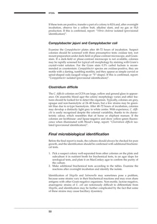 If these tests are positive, transfer a part of a colony to KIA and, after overnight
incubation, observe for a yellow butt, alkaline slant, and no gas or H2S
production. If this is conﬁrmed, report: “Vibrio cholerae isolated (provisional
identiﬁcation)”.
Campylobacter jejuni and Campylobacter coli
Examine the Campylobacter plates after 48–72 hours of incubation. Suspect
colonies should be screened with three presumptive tests: oxidase test, wet
mount preparation under dark-ﬁeld or phase-contrast microscope, and Gram-
stain. If a dark-ﬁeld or phase-contrast microscope is not available, colonies
may be rapidly screened for typical cell morphology by staining with Gram’s
crystal-violet solution. For the Gram stain 0.3% carbol fuchsin is recom-
mended as counterstain. Campylobacter species are oxidase-positive, they are
motile with a darting, tumbling motility, and they appear as simple curved or
spiral-shaped rods (seagull wings or “S”-shape). If this is conﬁrmed, report:
“Campylobacter isolated (provisional identiﬁcation)”.
Clostridium difﬁcile
The C. difﬁcile colonies on CCFA are large, yellow and ground glass in appear-
ance. On anaerobic blood agar the colony morphology varies and other fea-
tures should be looked for to detect the organism. Typically, colonies are grey,
opaque and non-haemolytic at 24–48 hours, but a few strains may be green-
ish blue due to a-type haemolysis. After 48–72 hours of incubation, colonies
may develop a distinctly light grey to white centre. With experience, C. difﬁ-
cile is easily recognized despite the colonial variability, thanks to its charac-
teristic odour, which resembles that of horse or elephant manure. If the
colonies are lecithinase- and lipase-negative and show yellow-green ﬂuores-
cence when illuminated with Wood’s lamp, report: “Clostridium difﬁcile iso-
lated (provisional identiﬁcation)”.
Final microbiological identiﬁcation
Before the ﬁnal report is made, the cultures should always be checked for pure
growth, and the identiﬁcation should be conﬁrmed with additional biochemi-
cal tests.
1. Pick a suspect colony well-separated from other colonies on the plate and
subculture it in nutrient broth for biochemical tests, to an agar slope for
serological tests, and plate it on MacConkey agar to conﬁrm the purity of
the culture.
2. Make additional biochemical tests according to the tables. Examine the
reactions after overnight incubation and identify the isolate.
Identiﬁcation of Shigella and Salmonella may sometimes pose a problem,
because some strains vary in their biochemical reactions and may even share
antigens with other Gram-negative organisms. Non-motile, lactose-negative,
anaerogenic strains of E. coli are notoriously difﬁcult to differentiate from
Shigella, and identiﬁcation may be further complicated by the fact that some
of these strains may cause bacillary dysentery.
50
STOOL
BLM1 1/17/04 2:01 PM Page 50
 