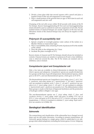 2. Divide a clean glass slide into several squares with a pencil and place a
loopful (3mm) of the red cell suspension in each square.
3. Place a small portion of the growth from an agar or KIA slant in each red
cell suspension and mix well.
Clumping of the red cells occurs within 30–60 seconds with strains of the El
Tor biotype. Known haemagglutinating (El Tor) and non-haemagglutinating
strains should be used as controls for each new suspension of red cells. Newly
isolated strains of classical biotypes are usually negative in the test, but old
laboratory strains of the classical biotype may not always be negative in this
reaction.
Polymyxin B susceptibility test
1. Spread a loopful of overnight peptone water culture of the isolate on a
Mueller–Hinton or meat-extract agar.
2. Place a susceptibility disk containing 50 units of polymyxin B in the middle
of the culture.
3. Place the plate in the refrigerator for 1 hour.
4. Incubate the plate overnight at 35∞C.
Known strains of classical and El Tor biotypes should always be included as
controls. Classical strains are sensitive to polymyxin B and a clear inhibitory
zone is observed around the disk. The El Tor strains are resistant and no
inhibitory zone is formed.
Campylobacter jejuni and Campylobacter coli
Only a few tests are available in clinical laboratories to identify the Campy-
lobacter species and subspecies. Campylobacter species are usually divided into
two groups on the basis of growth temperature: thermotolerant species, which
grow at 42–43∞C, and non-thermotolerant species, which grow at 15–25∞C.
The thermotolerant species are Campylobacter jejuni subsp. jejuni, C. coli, C. lari,
C. upsaliensis, and some strains of C. hyointestinalis. C. lari and C. hyointesti-
nalis are resistant to nalidixic acid; C. jejuni, C. coli and C. upsaliensis are sen-
sitive to it. C. jejuni subsp. jejuni, C. coli and C. lari are resistant to cefalotin;
C. hyointestinalis and C. upsaliensis are sensitive to it. The differentiation within
these groups is made on the basis of hippurate hydrolysis and the production
of hydrogen sulﬁde in Kligler’s iron agar.
The non-thermotolerant species are C. jejuni subsp. doylei, C. fetus, and
Arcobacter butzleri. C. jejuni subsp. doylei will grow at neither 15∞C nor at
25∞C; C. fetus will grow at 25∞C but not at 15∞C; A. butzleri will grow at both
temperatures. A. butzleri is resistant to cefalotin; C. jejuni subsp. doylei and C.
fetus are sensitive to it (Table 18).
Serological identiﬁcation
Salmonella
The nomenclature and classiﬁcation of the salmonellae have changed several
times and are still under discussion. According to present nomenclature, all
Salmonella species belong to a single genus which is subdivided in six sub-
groups (also called subspecies), including the former genus Arizona. Subgroup
54
STOOL
BLM1 1/17/04 2:01 PM Page 54
 
