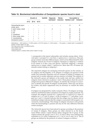 1 corresponds to the typical salmonellae and includes among others: Salmo-
nella typhi, S. paratyphi A, S. enteritidis, S. typhimurium, S. choleraesuis. This sub-
group contains more than 2000 serotypes, which can be differentiated by their
antigenic formula (O, H and Vi antigens). Serotypes in subgroup 1 continue
to be named as if they were real species: Salmonella subgroup 1 serotype
typhimurium is simply called S. typhimurium. More than 99% of human sal-
monella isolates belong to subgroup 1.
The important antigens for serotyping Salmonella species are the somatic, or
O, antigens and the ﬂagellar, or H, antigens. O antigens are present in both
motile and nonmotile organisms and are resistant to boiling; H antigens are
present only in motile organisms and are sensitive to boiling. The majority of
the Salmonella species are diphasic in the motile state and may exhibit two
antigenic forms referred to as phases 1 and 2. These phases share the same O
antigens but possess different H antigens. To identify the serotype it is neces-
sary to identify the speciﬁc H antigens in both phases. These may not always
be evident, and phase suppression may be necessary to conﬁrm the latent
phase.
O antigens are designated by Arabic numerals. Phase 1 H antigens are desig-
nated by small Roman letters and phase 2 H antigens by Arabic numerals. For
example, the antigenic formula for S. typhimurium is 1,4,[5],12:i:1,2, where O
antigens are 1, 4, 5 and 12; phase 1 of the H antigen is “i” and phase 2 anti-
gens are 1 and 2. A bracket indicates that the antigen may be absent, and an
underlined antigen indicates that the antigen is associated with lysogenic con-
version by a bacteriophage. This change in antigenic structure is only present
when the bacteriophage is present and may be the only difference between
certain serotypes.
The Salmonella species have been placed in groups according to the presence
of certain O antigens. These groups are often referred to as the Kauff-
mann–White scheme. Capital Roman letters designate the O group. In the
original scheme the groups were A, B, C, D and E; these were subsequently
expanded to A–Z with 4 subgroups in C, 3 in D, 4 in E and 2 in G. The O
groups are deﬁned by the presence of certain O antigens as follows:
55
BACTERIOLOGICAL INVESTIGATIONS
A
Table 18. Biochemical indentiﬁcation of Campylobacter species found in stool
Growth at H2S/KIA Hippurate Nitrate Susceptible to
15∞C 25∞C 42∞C
hydrolysisa
reduction Nalidixic acidb
Cefalotinc
Campylobacter jejuni - - + - + + S R
subsp. jejuni
C. jejuni subsp. doylei - - - - d - S S
C. coli - - + + - + S R
C. lari - - + - - + R R
C. upsaliensis - - + - - + S S
C. fetus subsp. fetus - + - - - + R S
C. hyointestinalis - + v + - + R S
Arcobacter butzlerid
+ + - - - + v R
Abbreviations: +: >95% positive; d+: 75–95% positive; d: 26–74% positive; d-: 5–25% positive; -: <5% positive; v: variable result; S: susceptible; R:
resistant. H2S/KIA: Kligler’s iron agar.
a
Only deep purple colour is considered positive.
b
30 mg nalidixic acid disk.
c
30 mg cefalotin disk.
d
Catalase-negative or catalase weakly positive; Kligler’s iron agar.
BLM1 1/17/04 2:01 PM Page 55
 