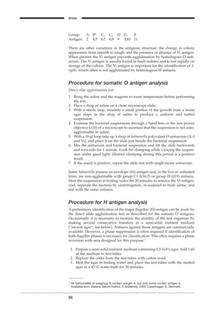 Group: A Ba
C1 C2 D E1 F
Antigen: 2 4;5 6;7 6;8 9 3;10 11
There are other variations in the antigenic structure: the change in colony
appearance from smooth to rough, and the presence or absence of Vi antigen.
When present the Vi antigen prevents agglutination by homologous O anti-
serum. The Vi antigen is usually found in fresh isolates and is lost rapidly on
storage of the culture. The Vi antigen is important for the identiﬁcation of S.
typhi, which often is not agglutinated by heterologous H antisera.
Procedure for somatic O antigen analysis
Direct slide agglutination test
1. Bring the saline and the reagents to room temperature before performing
the test.
2. Place a drop of saline on a clean microscope slide.
3. With a sterile loop, emulsify a small portion of the growth from a moist
agar slope in the drop of saline to produce a uniform and turbid
suspension.
4. Examine the bacterial suspensions through a hand-lens or the low-power
objective (¥10) of a microscope to ascertain that the suspension is not auto-
agglutinable in saline.
5. With a 10-ml loop take up 1 drop of Salmonella polyvalent O antiserum (A–I
and Vi), and place it on the slide just beside the bacterial suspension.
6. Mix the antiserum and bacterial suspension and tilt the slide backwards
and forwards for 1 minute. Look for clumping while viewing the suspen-
sion under good light. Distinct clumping during this period is a positive
result.
7. If the result is positive, repeat the slide test with single-factor antiserum.
Some Salmonella possess an envelope (Vi) antigen and, in the live or unheated
form, are non-agglutinable with group C1 (O:6,7) or group D (O:9) antisera.
Heat the suspension in boiling water for 20 minutes to remove the Vi antigen,
cool, separate the bacteria by centrifugation, re-suspend in fresh saline, and
test with the same antisera.
Procedure for H antigen analysis
A preliminary identiﬁcation of the major ﬂagellar (H) antigen can be made by
the direct slide agglutination test as described for the somatic O antigens.
Occasionally it is necessary to increase the motility of the test organism by
making several consecutive transfers in a semi-solid nutrient medium
(“swarm agar”, see below). Antisera against those antigens are commercially
available. However, a phase suppression is often required if identiﬁcation of
both ﬂagellar phases is necessary for classiﬁcation. This often requires a phase
inversion with sera designed for this purpose.1
1. Prepare a semi-solid nutrient medium containing 0.2–0.4% agar. Add 1ml
of the medium to test-tubes.
2. Replace the corks from the test-tubes with cotton wool.
3. Melt the agar in boiling water and place the test-tubes with the melted
agar in a 45∞C water-bath for 30 minutes.
56
a
All Salmonellae of subgroup B contain antigen 4, but only some contain antigen 5.
1
Available from Statens Serum Institut, 5 Artillerivej, 2300 Copenhagen S, Denmark.
STOOL
BLM1 1/17/04 2:01 PM Page 56
 