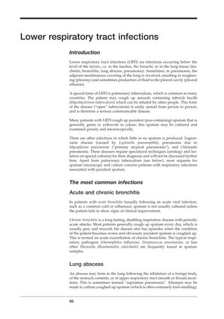 66
Lower respiratory tract infections
Introduction
Lower respiratory tract infections (LRTI) are infections occurring below the
level of the larynx, i.e. in the trachea, the bronchi, or in the lung tissue (tra-
cheitis, bronchitis, lung abscess, pneumonia). Sometimes, in pneumonia, the
adjacent membranous covering of the lung is involved, resulting in roughen-
ing (pleurisy) and sometimes production of ﬂuid in the pleural cavity (pleural
effusion).
A special form of LRTI is pulmonary tuberculosis, which is common in many
countries. The patient may cough up aerosols containing tubercle bacilli
(Mycobacterium tuberculosis) which can be inhaled by other people. This form
of the disease (“open” tuberculosis) is easily spread from person to person,
and is therefore a serious communicable disease.
Many patients with LRTI cough up purulent (pus-containing) sputum that is
generally green or yellowish in colour; this sputum may be cultured and
examined grossly and microscopically.
There are other infections in which little or no sputum is produced: Legion-
naire disease (caused by Legionella pneumophila), pneumonia due to
Mycoplasma pneumoniae (“primary atypical pneumonia”), and Chlamydia
pneumonia. These diseases require specialized techniques (serology and iso-
lation on special cultures) for their diagnosis and will not be discussed further
here. Apart from pulmonary tuberculosis (see below), most requests for
sputum microscopy and culture concern patients with respiratory infections
associated with purulent sputum.
The most common infections
Acute and chronic bronchitis
In patients with acute bronchitis (usually following an acute viral infection,
such as a common cold or inﬂuenza), sputum is not usually cultured unless
the patient fails to show signs of clinical improvement.
Chronic bronchitis is a long-lasting, disabling respiratory disease with periodic
acute attacks. Most patients generally cough up sputum every day, which is
usually grey and mucoid; the disease also has episodes when the condition
of the patient becomes worse and obviously purulent sputum is coughed up.
This is termed an acute exacerbation of chronic bronchitis. The typical respi-
ratory pathogens (Haemophilus inﬂuenzae, Streptococcus pneumoniae, or less
often Moraxella (Branhamella) catarrhalis) are frequently found in sputum
samples.
Lung abscess
An abscess may form in the lung following the inhalation of a foreign body,
of the stomach contents, or of upper respiratory tract (mouth or throat) secre-
tions. This is sometimes termed “aspiration pneumonia”. Attempts may be
made to culture coughed-up sputum (which is often extremely foul-smelling),
BLM1 1/17/04 2:01 PM Page 66
 