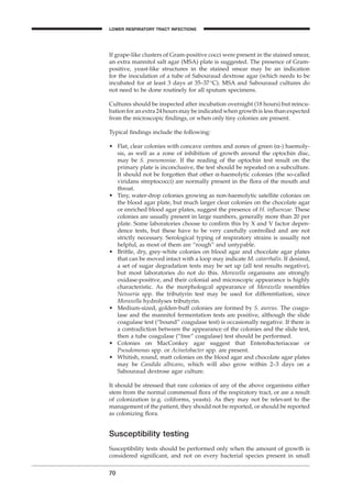 70
If grape-like clusters of Gram-positive cocci were present in the stained smear,
an extra mannitol salt agar (MSA) plate is suggested. The presence of Gram-
positive, yeast-like structures in the stained smear may be an indication
for the inoculation of a tube of Sabouraud dextrose agar (which needs to be
incubated for at least 3 days at 35–37∞C). MSA and Sabouraud cultures do
not need to be done routinely for all sputum specimens.
Cultures should be inspected after incubation overnight (18 hours) but reincu-
bation for an extra 24 hours may be indicated when growth is less than expected
from the microscopic ﬁndings, or when only tiny colonies are present.
Typical ﬁndings include the following:
• Flat, clear colonies with concave centres and zones of green (a-) haemoly-
sis, as well as a zone of inhibition of growth around the optochin disc,
may be S. pneumoniae. If the reading of the optochin test result on the
primary plate is inconclusive, the test should be repeated on a subculture.
It should not be forgotten that other a-haemolytic colonies (the so-called
viridans streptococci) are normally present in the ﬂora of the mouth and
throat.
• Tiny, water-drop colonies growing as non-haemolytic satellite colonies on
the blood agar plate, but much larger clear colonies on the chocolate agar
or enriched blood agar plates, suggest the presence of H. inﬂuenzae. These
colonies are usually present in large numbers, generally more than 20 per
plate. Some laboratories choose to conﬁrm this by X and V factor depen-
dence tests, but these have to be very carefully controlled and are not
strictly necessary. Serological typing of respiratory strains is usually not
helpful, as most of them are “rough” and untypable.
• Brittle, dry, grey-white colonies on blood agar and chocolate agar plates
that can be moved intact with a loop may indicate M. catarrhalis. If desired,
a set of sugar degradation tests may be set up (all test results negative),
but most laboratories do not do this. Moraxella organisms are strongly
oxidase-positive, and their colonial and microscopic appearance is highly
characteristic. As the morphologcal appearance of Moraxella resembles
Neisseria spp. the tributyrin test may be used for differentiation, since
Moraxella hydrolyses tributyrin.
• Medium-sized, golden-buff colonies are formed by S. aureus. The coagu-
lase and the mannitol fermentation tests are positive, although the slide
coagulase test (“bound” coagulase test) is occasionally negative. If there is
a contradiction between the appearance of the colonies and the slide test,
then a tube coagulase (“free” coagulase) test should be performed.
• Colonies on MacConkey agar suggest that Enterobacteriaceae or
Pseudomonas spp. or Acinetobacter spp. are present.
• Whitish, round, matt colonies on the blood agar and chocolate agar plates
may be Candida albicans, which will also grow within 2–3 days on a
Sabouraud dextrose agar culture.
It should be stressed that rare colonies of any of the above organisms either
stem from the normal commensal ﬂora of the respiratory tract, or are a result
of colonization (e.g. coliforms, yeasts). As they may not be relevant to the
management of the patient, they should not be reported, or should be reported
as colonizing ﬂora.
Susceptibility testing
Susceptibility tests should be performed only when the amount of growth is
considered signiﬁcant, and not on every bacterial species present in small
LOWER RESPIRATORY TRACT INFECTIONS
BLM1 1/17/04 2:01 PM Page 70
 