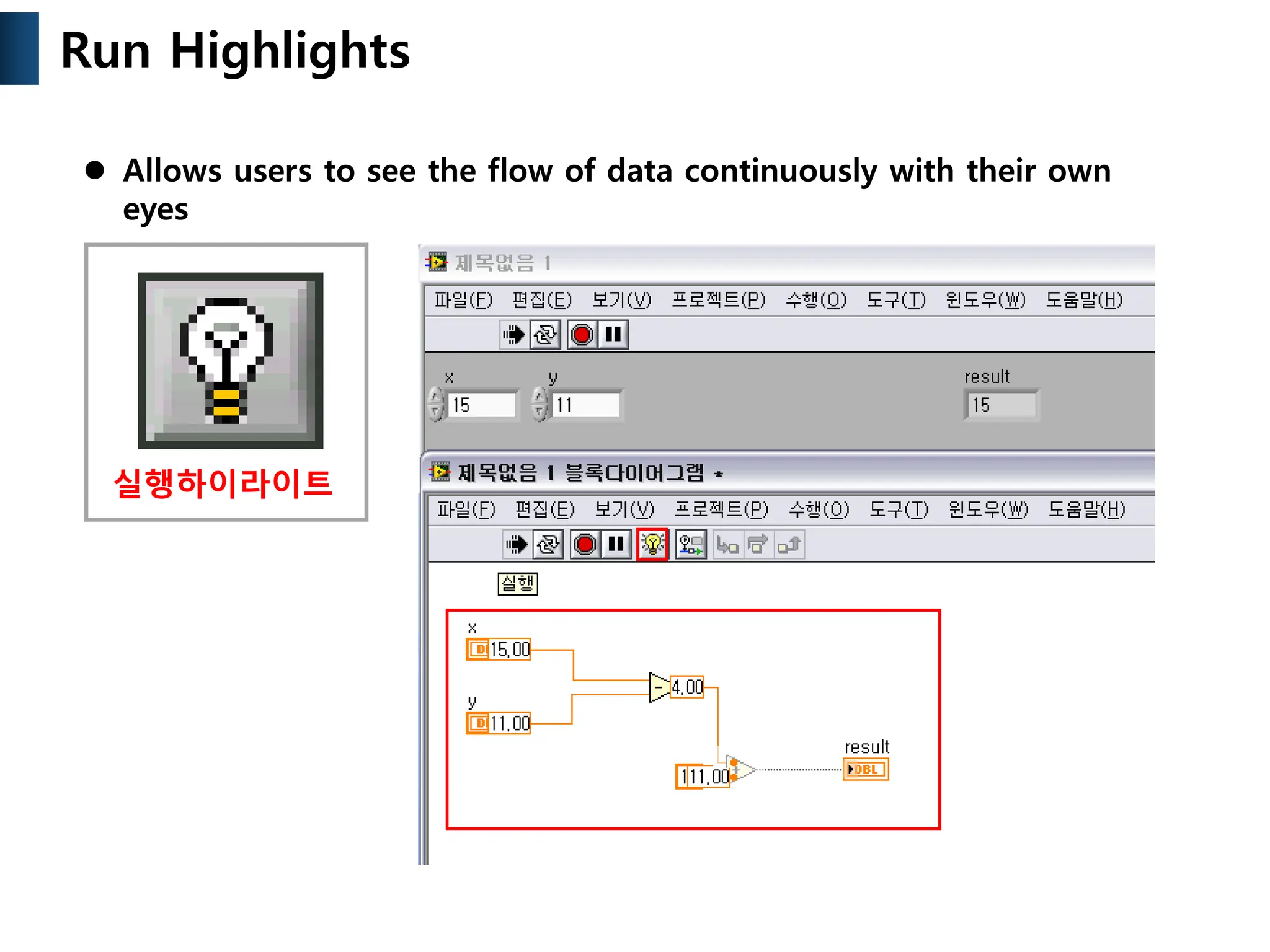  Allows users to see the flow of data continuously with their own
eyes
Run Highlights
실행하이라이트
 