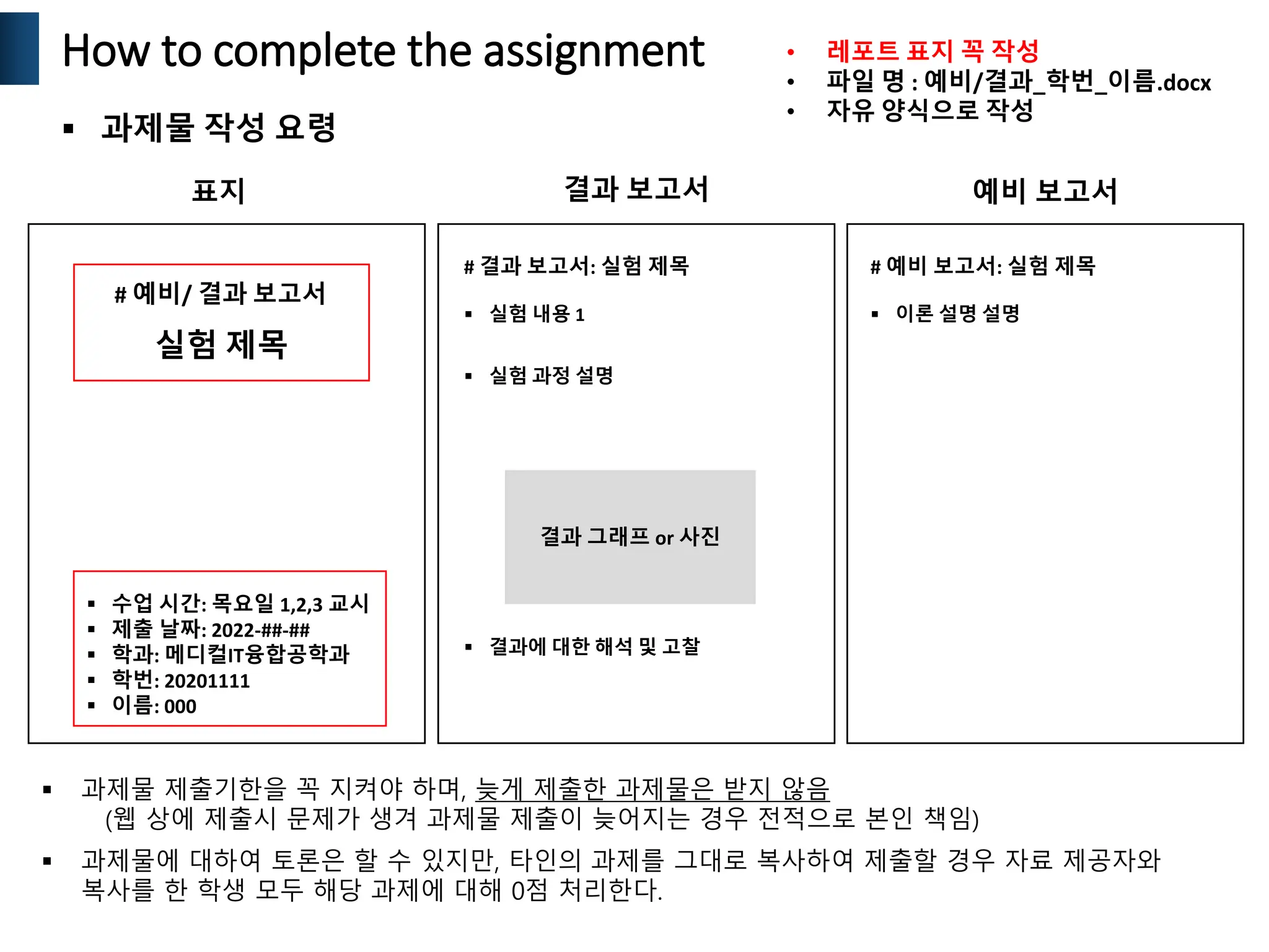 How to complete the assignment
 과제물 작성 요령
표지
# 예비/ 결과 보고서
실험 제목
 수업 시간: 목요일 1,2,3 교시
 제출 날짜: 2022-##-##
 학과: 메디컬IT융합공학과
 학번: 20201111
 이름: 000
 실험 내용 1
결과 그래프 or 사진
 실험 과정 설명
 결과에 대한 해석 및 고찰
# 결과 보고서: 실험 제목 # 예비 보고서: 실험 제목
 이론 설명 설명
결과 보고서 예비 보고서
• 레포트 표지 꼭 작성
• 파일 명 : 예비/결과_학번_이름.docx
• 자유 양식으로 작성
 과제물 제출기한을 꼭 지켜야 하며, 늦게 제출한 과제물은 받지 않음
(웹 상에 제출시 문제가 생겨 과제물 제출이 늦어지는 경우 전적으로 본인 책임)
 과제물에 대하여 토론은 할 수 있지만, 타인의 과제를 그대로 복사하여 제출할 경우 자료 제공자와
복사를 한 학생 모두 해당 과제에 대해 0점 처리한다.
 