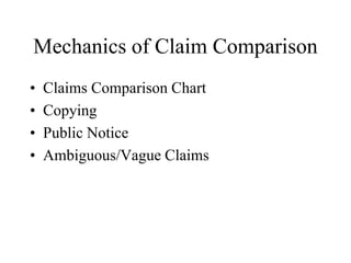 Mechanics of Claim Comparison
• Claims Comparison Chart
• Copying
• Public Notice
• Ambiguous/Vague Claims
 