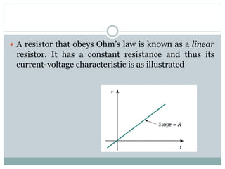  A resistor that obeys Ohm’s law is known as a linear
resistor. It has a constant resistance and thus its
current-voltage characteristic is as illustrated
 