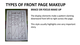BRACE OR FOCUS MAKE UP
The display elements make a pattern slanting
downward from left to right across the page.
This style usually highlights one very important
story.
TYPES OF FRONT PAGE MAKEUP
 