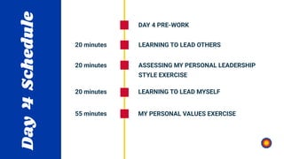 Day
4
Schedule
LEARNING TO LEAD OTHERS
ASSESSING MY PERSONAL LEADERSHIP
STYLE EXERCISE
LEARNING TO LEAD MYSELF
MY PERSONAL VALUES EXERCISE
20 minutes
20 minutes
55 minutes
20 minutes
DAY 4 PRE-WORK