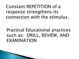 Constant REPETITION of a
response strengthens its
connection with the stimulus.

Practical Educational practices
such as: DRILL, REVIEW, AND
EXAMINATION
 