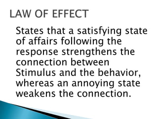 States that a satisfying state
of affairs following the
response strengthens the
connection between
Stimulus and the behavior,
whereas an annoying state
weakens the connection.
 