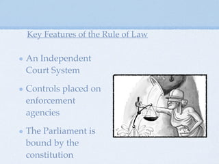 An Independent
Court System
Controls placed on
enforcement
agencies
The Parliament is
bound by the
constitution
Key Features of the Rule of Law
 