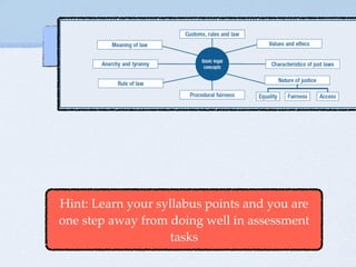Meaning of Law
Laws evolve from traditions, cultures
and values
Law is a set of enforceable rules of
conduct which set out guidelines for the
way individuals and society behave
The law is always trying to keep up to
date with the changing society we live
in. Dynamic.
 