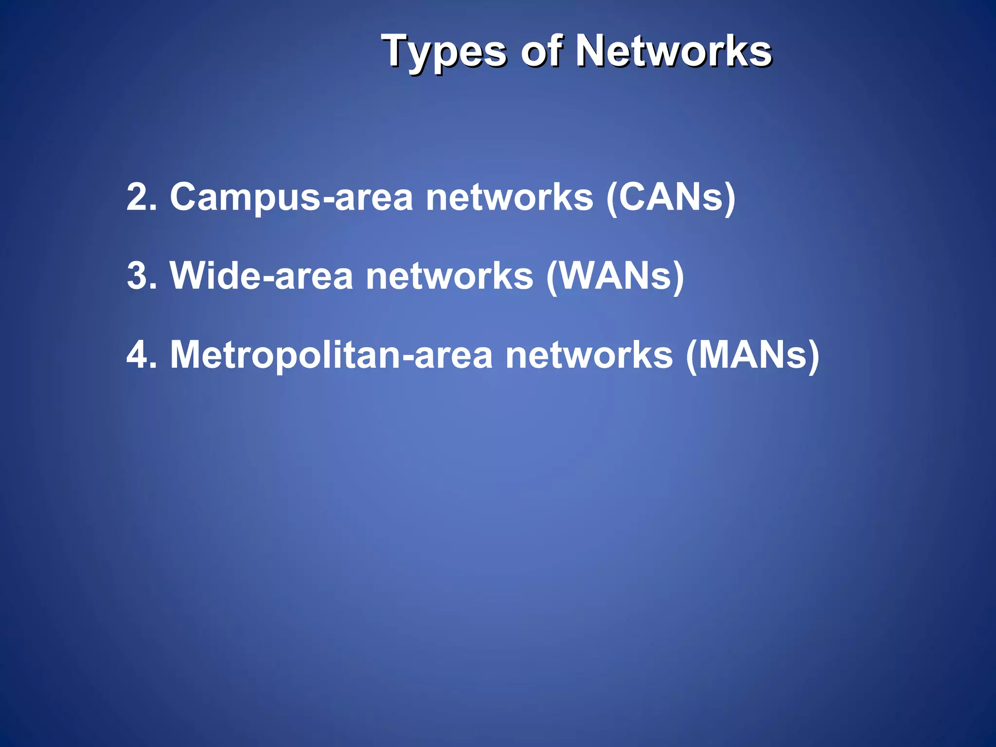 Types of Networks


2. Campus-area networks (CANs)

3. Wide-area networks (WANs)

4. Metropolitan-area networks (MANs)
 