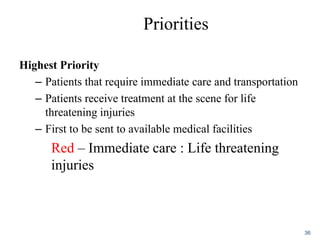Priorities
Highest Priority
– Patients that require immediate care and transportation
– Patients receive treatment at the scene for life
threatening injuries
– First to be sent to available medical facilities
Red – Immediate care : Life threatening
injuries
36
 