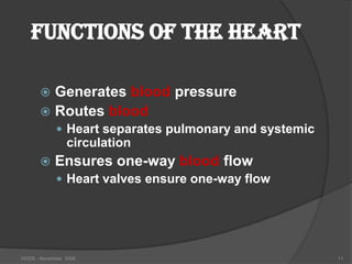 Functions of the Heart

       Generates blood pressure
       Routes blood
             Heart separates pulmonary and systemic
                circulation
           Ensures one-way blood flow
             Heart valves ensure one-way flow




HODS - November 2006                                   11
 
