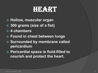 HEART
    Hollow, muscular organ
    300 grams (size of a fist)
    4 chambers
    Found in chest between lungs
    Surrounded by membrane called
     pericardium
    Pericardial space is fluid-filled to
     nourish and protect the heart.


HODS - November 2006                        8
 