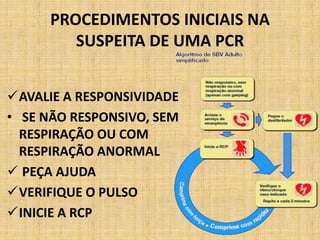 PROCEDIMENTOS INICIAIS NA
         SUSPEITA DE UMA PCR


AVALIE A RESPONSIVIDADE
• SE NÃO RESPONSIVO, SEM
  RESPIRAÇÃO OU COM
  RESPIRAÇÃO ANORMAL
 PEÇA AJUDA
VERIFIQUE O PULSO
INICIE A RCP
 