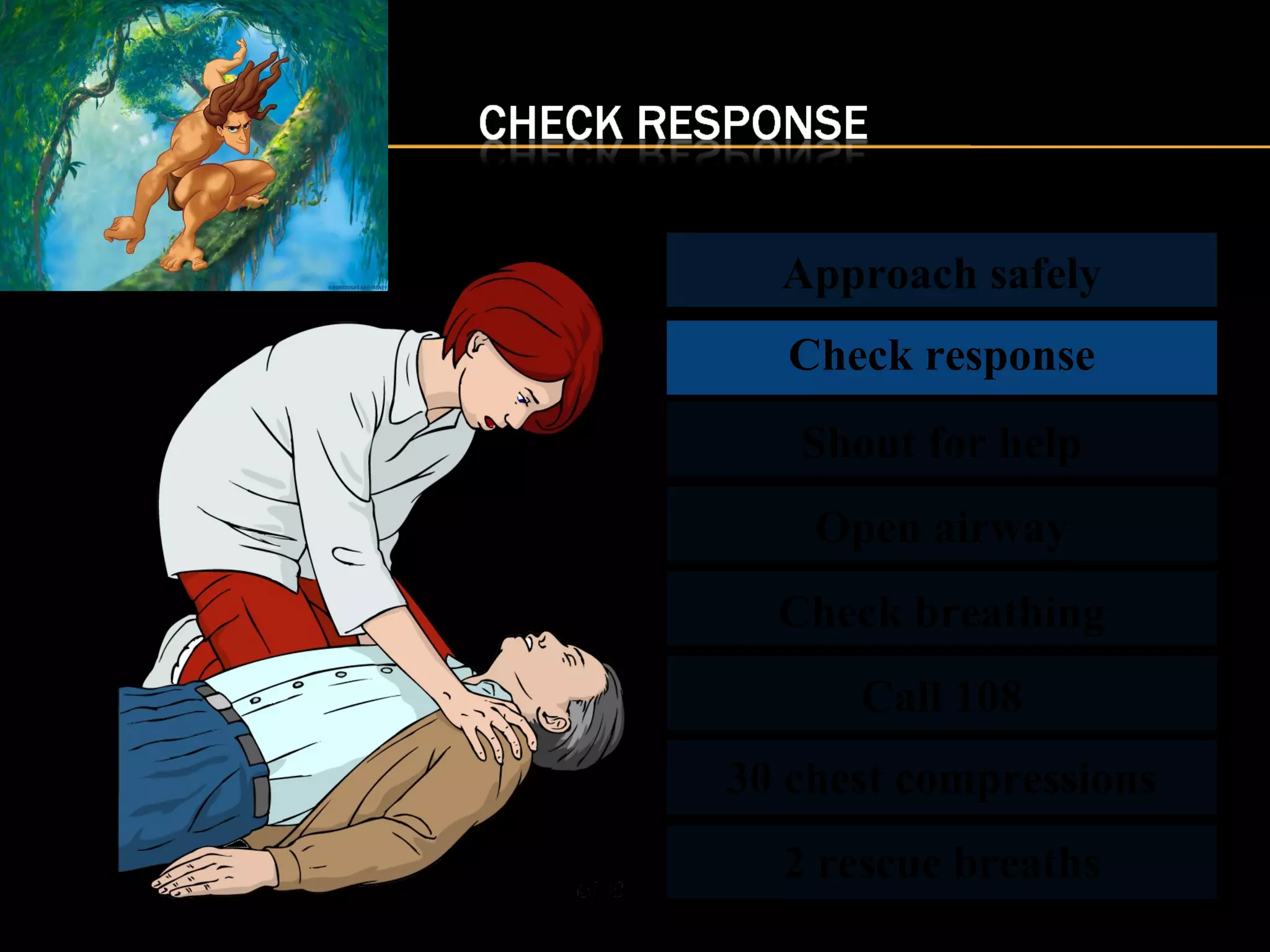 Approach safely 
Check response 
Shout for help 
Open airway 
Check breathing 
Call 108 
30 chest compressions 
2 rescue breaths 
 