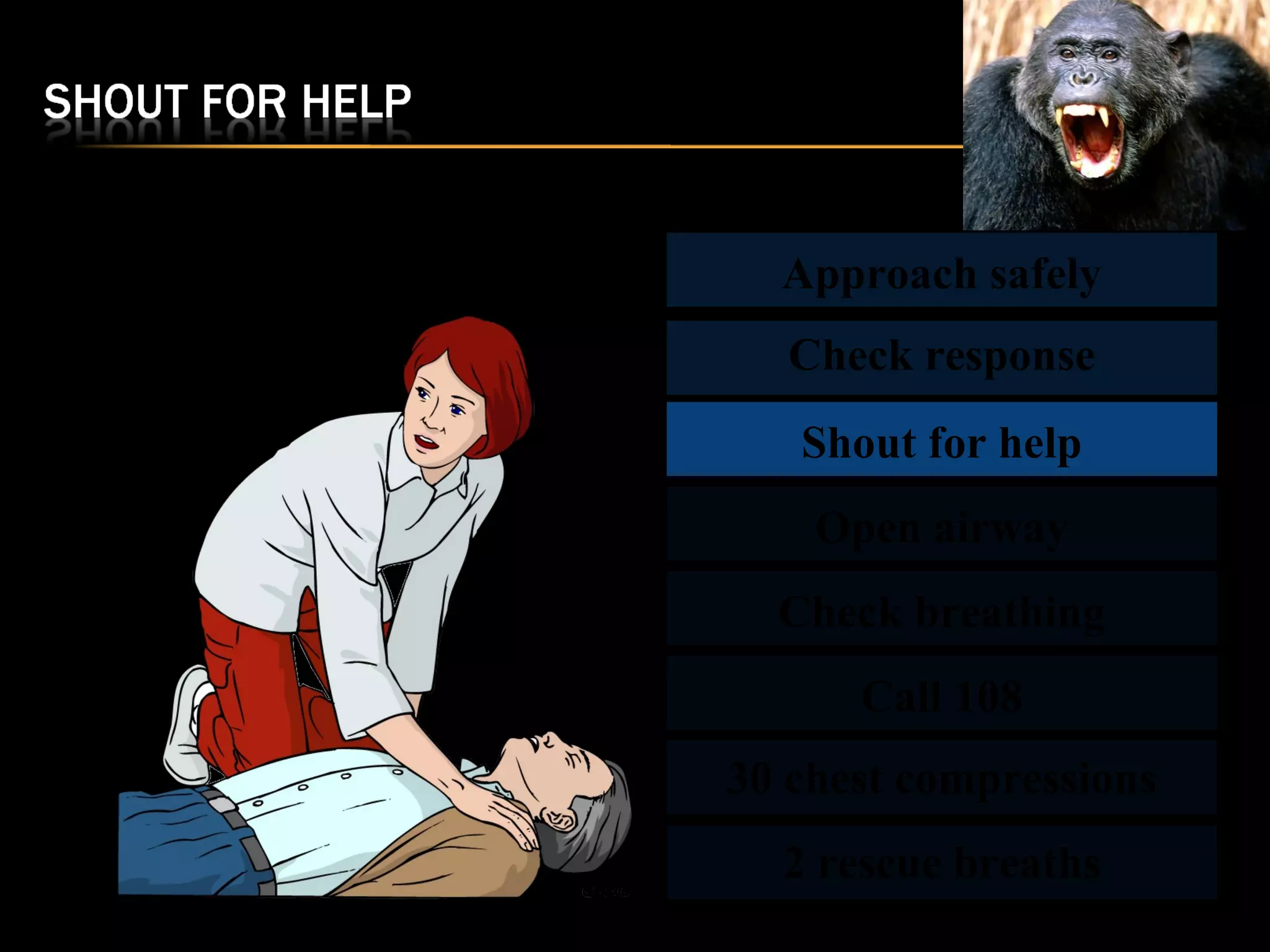 Approach safely 
Check response 
Shout for help 
Open airway 
Check breathing 
Call 108 
30 chest compressions 
2 rescue breaths 
 
