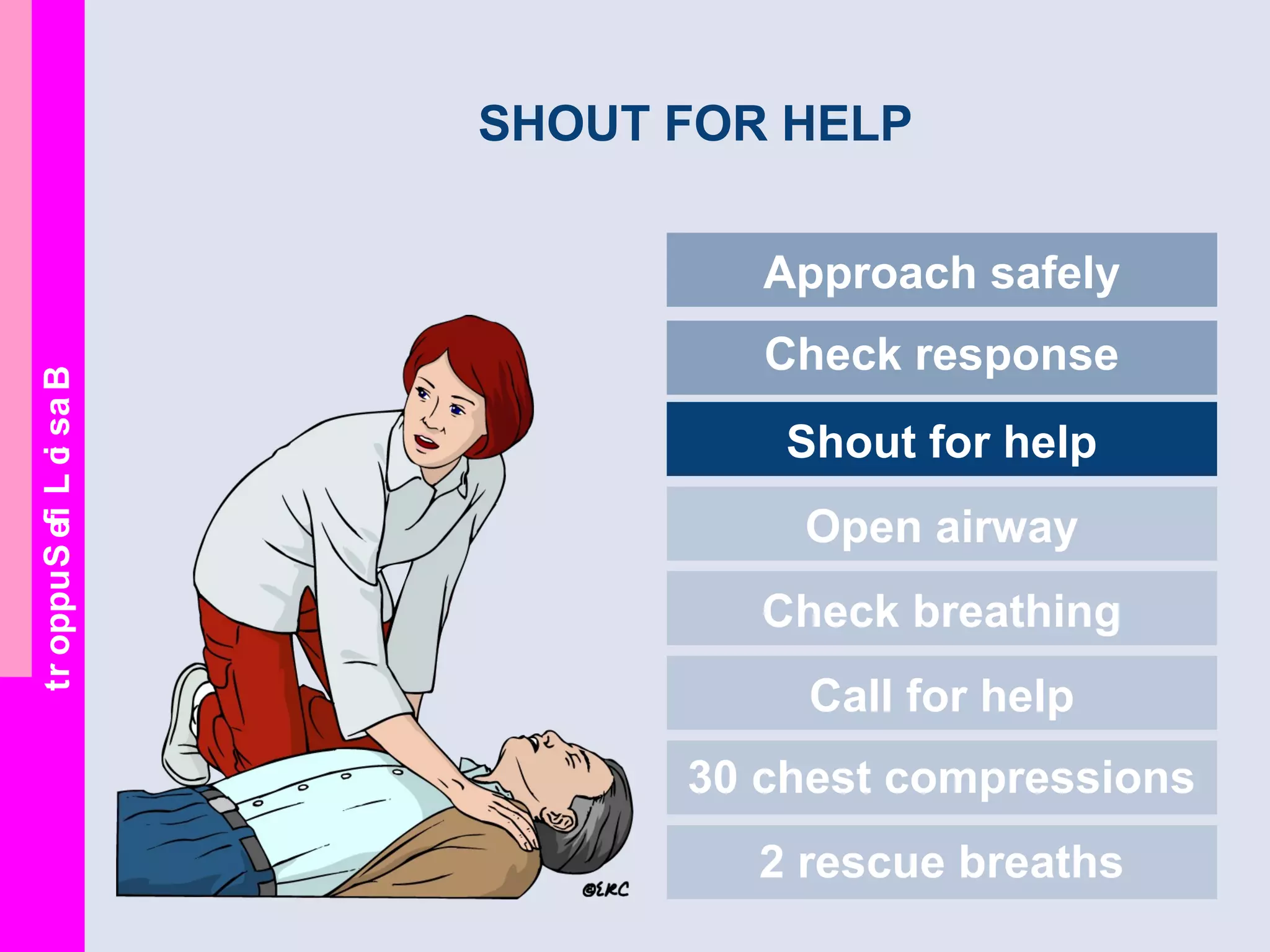 BasicLifeSupport
SHOUT FOR HELP
Approach safely
Check response
Shout for help
Open airway
Check breathing
Call for help
30 chest compressions
2 rescue breaths
 