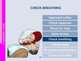 BasicLifeSupport
CHECK BREATHING
Approach safely
Check response
Shout for help
Open airway
Check breathing
Call for help
30 chest compressions
2 rescue breaths
 
