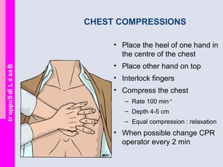 BasicLifeSupport
• Place the heel of one hand in
the centre of the chest
• Place other hand on top
• Interlock fingers
• Compress the chest
– Rate 100 min-1
– Depth 4-5 cm
– Equal compression : relaxation
• When possible change CPR
operator every 2 min
CHEST COMPRESSIONS
 