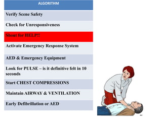 ALGORITHM
Verify Scene Safety
Check for Unresponsiveness
Shout for HELP!!
Activate Emergency Response System
AED & Emergency Equipment
Look for PULSE – is it definitive felt in 10
seconds
Start CHEST COMPRESSIONS
Maintain AIRWAY & VENTILATION
Early Defibrillation or AED
 