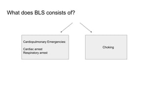 What does BLS consists of?
Cardiopulmonary Emergencies:
Cardiac arrest
Respiratory arrest
Choking