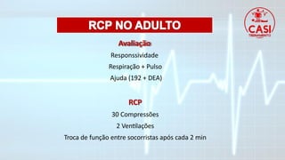 Avaliação
Responssividade
Respiração + Pulso
Ajuda (192 + DEA)
RCP
30 Compressões
2 Ventilações
Troca de função entre socorristas após cada 2 min
 