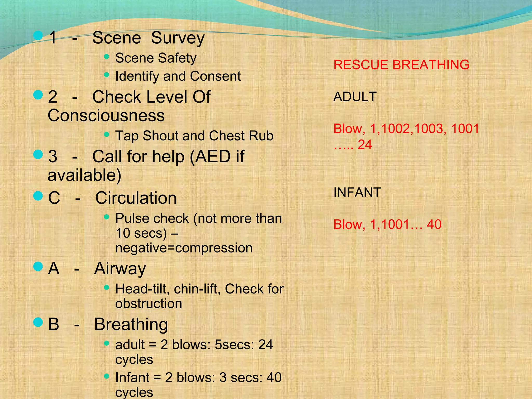 1 - Scene Survey
 Scene Safety
 Identify and Consent
2 - Check Level Of
Consciousness
 Tap Shout and Chest Rub
3 - Call for help (AED if
available)
C - Circulation
 Pulse check (not more than
10 secs) –
negative=compression
A - Airway
 Head-tilt, chin-lift, Check for
obstruction
B - Breathing
 adult = 2 blows: 5secs: 24
cycles
 Infant = 2 blows: 3 secs: 40
cycles
RESCUE BREATHING
ADULT
Blow, 1,1002,1003, 1001
….. 24
INFANT
Blow, 1,1001… 40
 