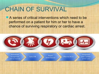 CHAIN OF SURVIVAL
A series of critical interventions which need to be
performed on a patient for him or her to have a
chance of surviving respiratory or cardiac arrest.
 