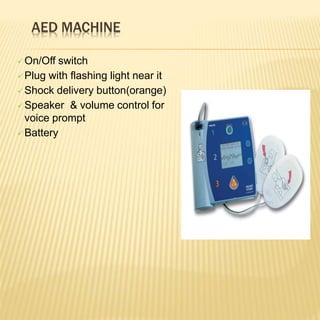 AED MACHINE
 On/Off switch
 Plug with flashing light near it
 Shock delivery button(orange)
 Speaker & volume control for
voice prompt
 Battery
 