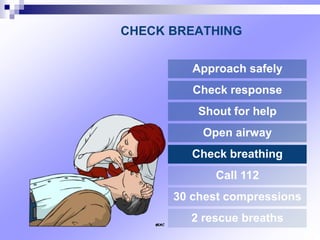 CHECK BREATHING
Approach safely
Check response
Shout for help
Open airway
Check breathing
Call 112
30 chest compressions
2 rescue breaths
 