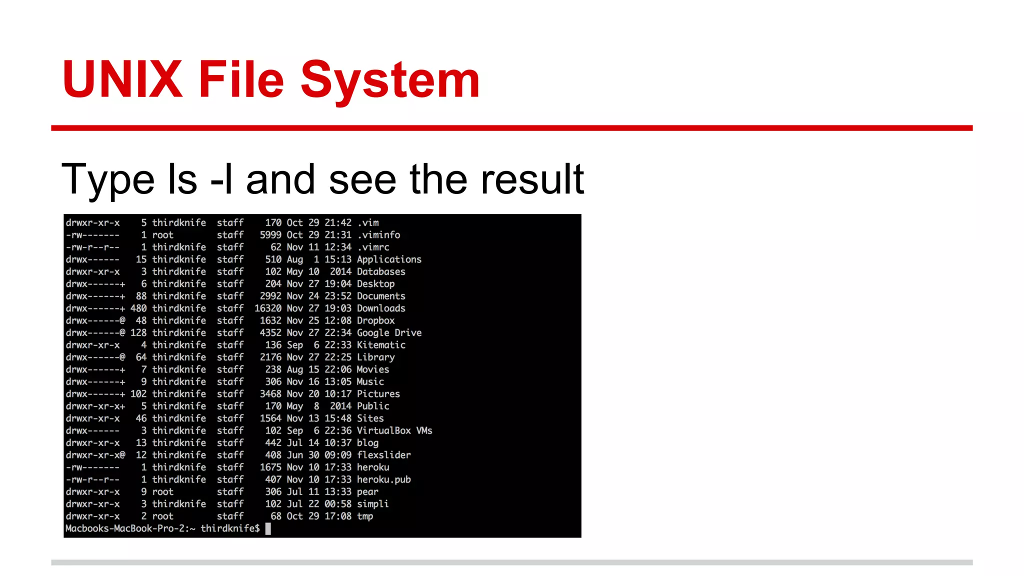 UNIX File System 
Type ls -l and see the result 
 