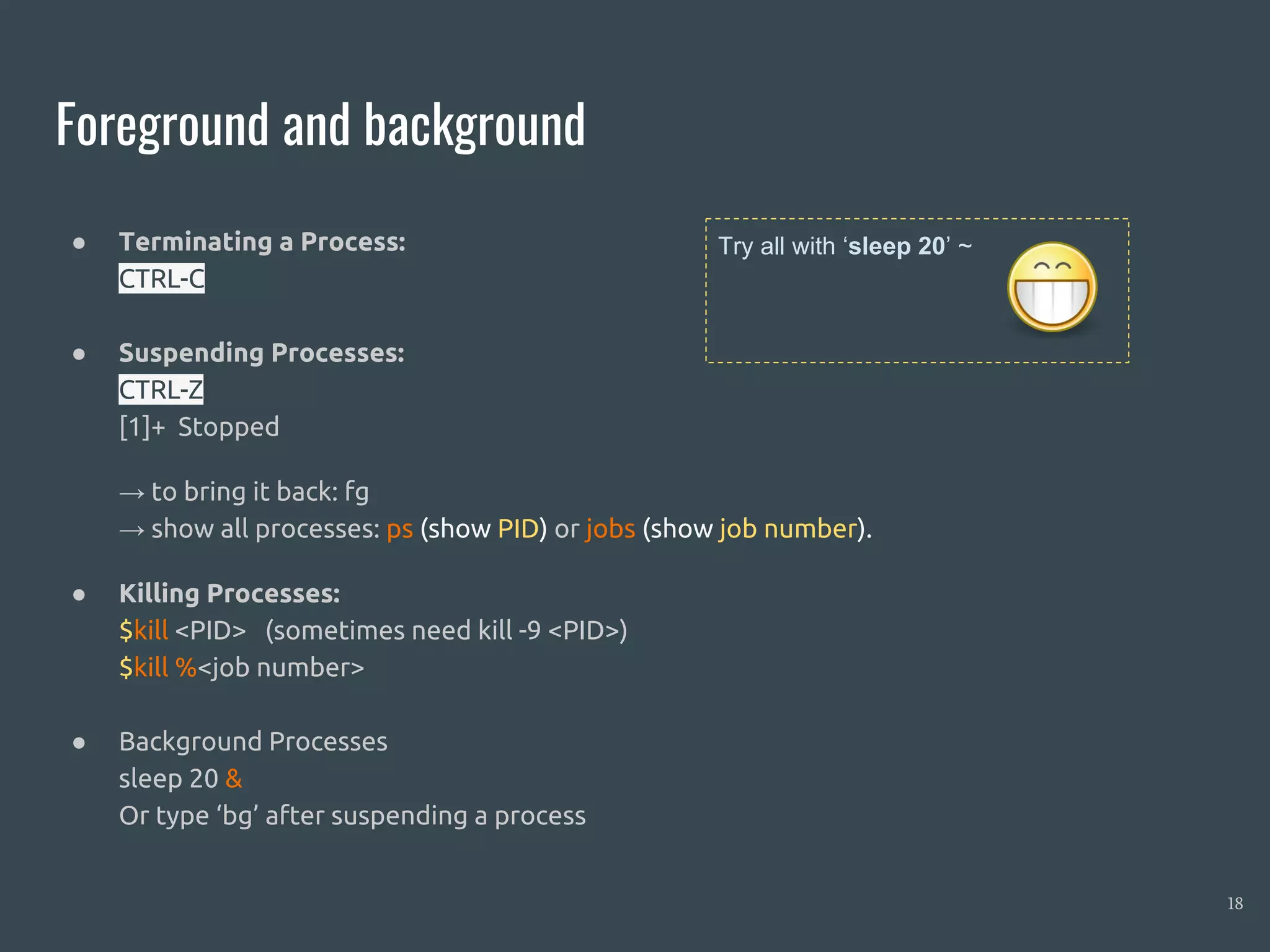 Foreground and background
● Terminating a Process:
CTRL-C
● Suspending Processes:
CTRL-Z
[1]+ Stopped
→ to bring it back: fg
→ show all processes: ps (show PID) or jobs (show job number).
● Killing Processes:
$kill <PID> (sometimes need kill -9 <PID>)
$kill %<job number>
● Background Processes
sleep 20 &
Or type ‘bg’ after suspending a process
18
Try all with ‘sleep 20’ ~
 