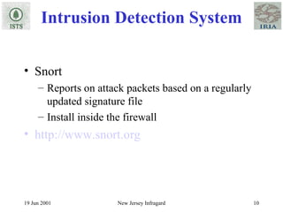 Intrusion Detection System Snort  Reports on attack packets based on a regularly updated signature file Install inside the firewall http://www.snort.org 