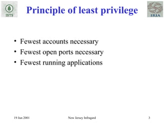 Principle of least privilege Fewest accounts necessary Fewest open ports necessary Fewest running applications 