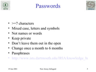 Passwords >=7 characters Mixed case, letters and symbols Not names or words Keep private Don’t leave them out in the open Change once a month to 6 months Passphrases http://www.ists.dartmouth.edu/IRIA/knowledge_base/linuxinfo/essential_host_security.htm 