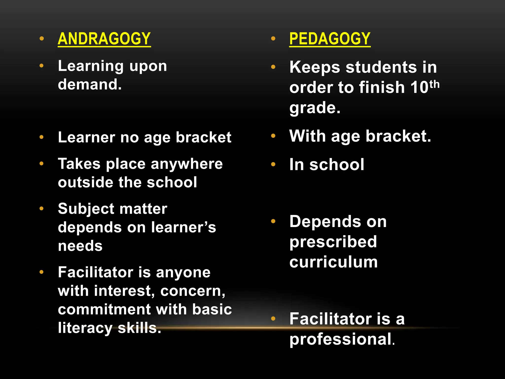 • ANDRAGOGY
• Learning upon
demand.
• Learner no age bracket
• Takes place anywhere
outside the school
• Subject matter
depends on learner’s
needs
• Facilitator is anyone
with interest, concern,
commitment with basic
literacy skills.
• PEDAGOGY
• Keeps students in
order to finish 10th
grade.
• With age bracket.
• In school
• Depends on
prescribed
curriculum
• Facilitator is a
professional.
 