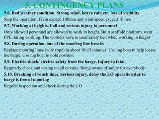 5. CONTINGENCY PLANS
5.6. Bad weather condition. Strong wind, heavy rain etc. loss of visibility
Stop the operation if rain exceed 100mm and wind speed exceed 10 m/s
5.7. Working at heights. Fall and serious injury to personnel
Only allowed personnel are allowed to work in height. Built scaffold platform, wear
PPE during working. The workers have to used safety belt when working in height
5.8. During operation, one of the mooring line breaks
Replace mooring lines (wire rope) in about 10-15 minutes. Use tug boat to help locate
the barge. Use tug boat to hold position
5.9. Electric shock/ electric safety from the barge. Injury to fatal
Regularly check and testing on all circuits. Being aware of safety for everybody
5.10. Breaking of winch lines. Serious injury, delay the LO operation due to
barge is free of mooring
Regular inspection and check during the LO
 