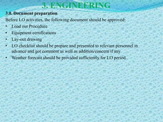 3. ENGINEERING
3.0. Document preparation
Before LO activities, the following document should be approved:
• Load out Procedure
• Equipment certifications
• Lay-out drawing
• LO checklist should be prepare and presented to relevant personnel in
   advance and got comment as well as addition/concern if any
• Weather forecast should be provided sufficiently for LO period
 