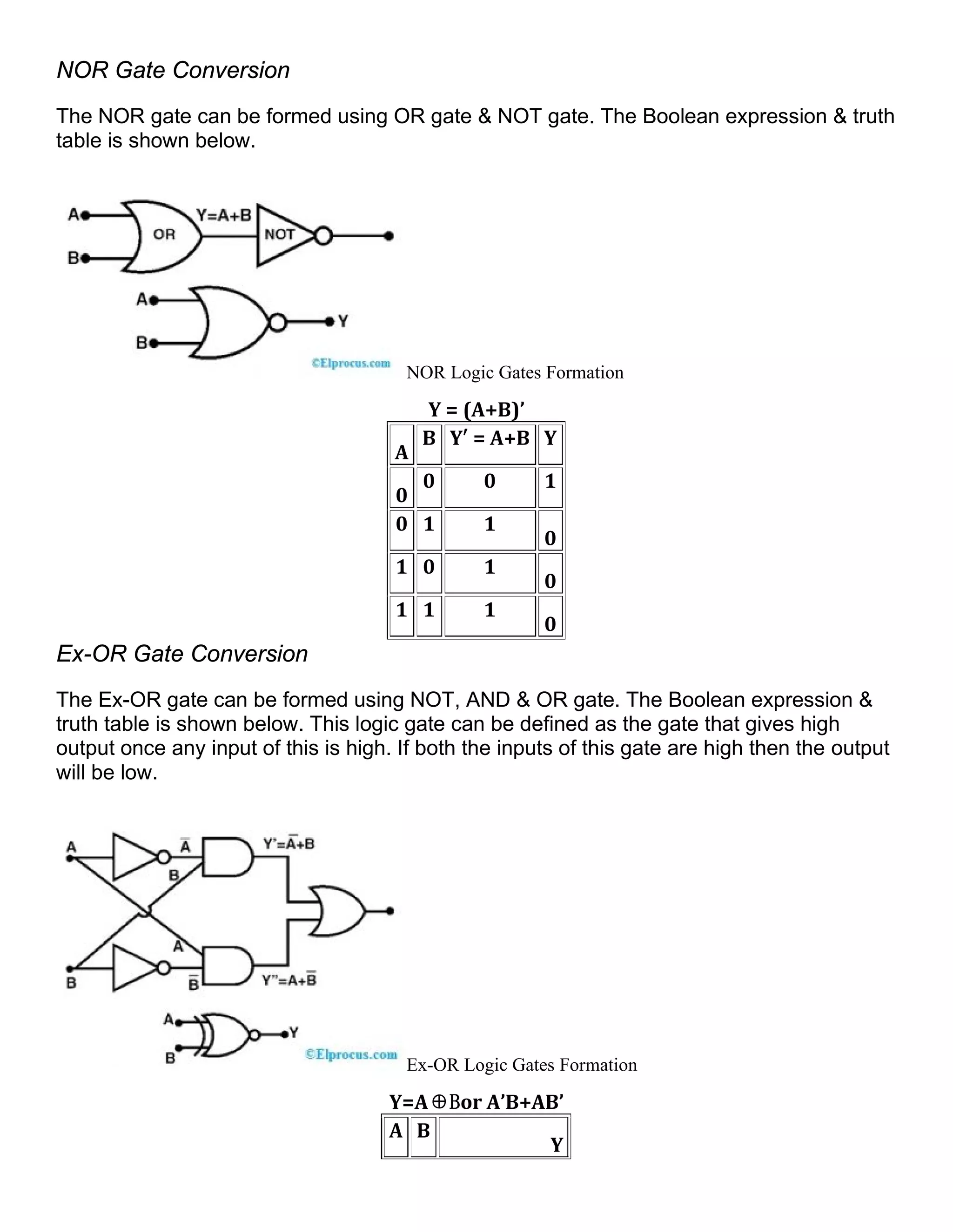 NOR Gate Conversion
The NOR gate can be formed using OR gate & NOT gate. The Boolean expression & truth
table is shown below.
NOR Logic Gates Formation
Y = (A+B)’
A
B Y′ = A+B Y
0
0 0 1
0 1 1
0
1 0 1
0
1 1 1
0
Ex-OR Gate Conversion
The Ex-OR gate can be formed using NOT, AND & OR gate. The Boolean expression &
truth table is shown below. This logic gate can be defined as the gate that gives high
output once any input of this is high. If both the inputs of this gate are high then the output
will be low.
Ex-OR Logic Gates Formation
Y=A⊕Bor A’B+AB’
A B
Y
 