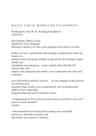 B A S I C L O G I C M O D E L D E V E L O P M E N T
Produced by The W. K. Kellogg Foundation
53535353
Developing a Basic Logic
Model For Your Program
Drawing a picture of how your program will achieve results
hether you are a grantseeker developing a proposal for start-up
funds or a
grantee with a program already in operation, developing a logic
model can
strengthen your program. Logic models help identify the
factors that will
impact your program and enable you to anticipate the data and
resources
you will need to achieve success. As you engage in the process
of creating your
program logic model, your organization will systematically
address these important
program planning and evaluation issues:
• Cataloguing of the resources and actions you believe you will
need to reach intended
results.
• Documentation of connections among your available
resources, planned activities and
the results you expect to achieve.
 