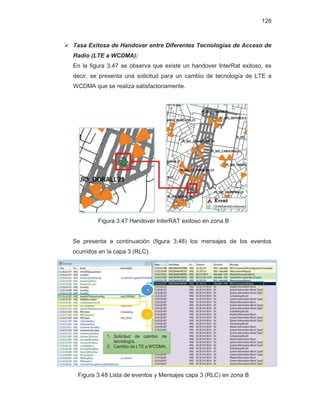 128
¾ Tasa Exitosa de Handover entre Diferentes Tecnologías de Acceso de
Radio (LTE a WCDMA):
En la figura 3.47 se observa que existe un handover InterRat exitoso, es
decir, se presenta una solicitud para un cambio de tecnología de LTE a
WCDMA que se realiza satisfactoriamente.
Figura 3.47 Handover InterRAT exitoso en zona B
Se presenta a continuación (figura 3.48) los mensajes de los eventos
ocurridos en la capa 3 (RLC).
Figura 3.48 Lista de eventos y Mensajes capa 3 (RLC) en zona B
1. Solicitud de cambio de
tecnología.
2. Cambio de LTE a WCDMA.
2
1
 