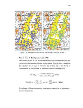 135
Figura 3.54 Parámetros de conexión solicitados y exitosos de RRC
¾ Tasa exitosa de Configuraciones E-RAB:
Se obtienen un total de 198 muestras tanto de configuraciones de solicitudes
como de configuraciones exitosas, de las cuales 10 pertenecen a las zonas
de exclusión por lo que al momento del análisis no se las toma en
consideración. A continuación se presentan los cálculos respectivos.
En la figura 3.55 se observan los parámetros respectivos de solicitudes y
conexiones exitosas.
 